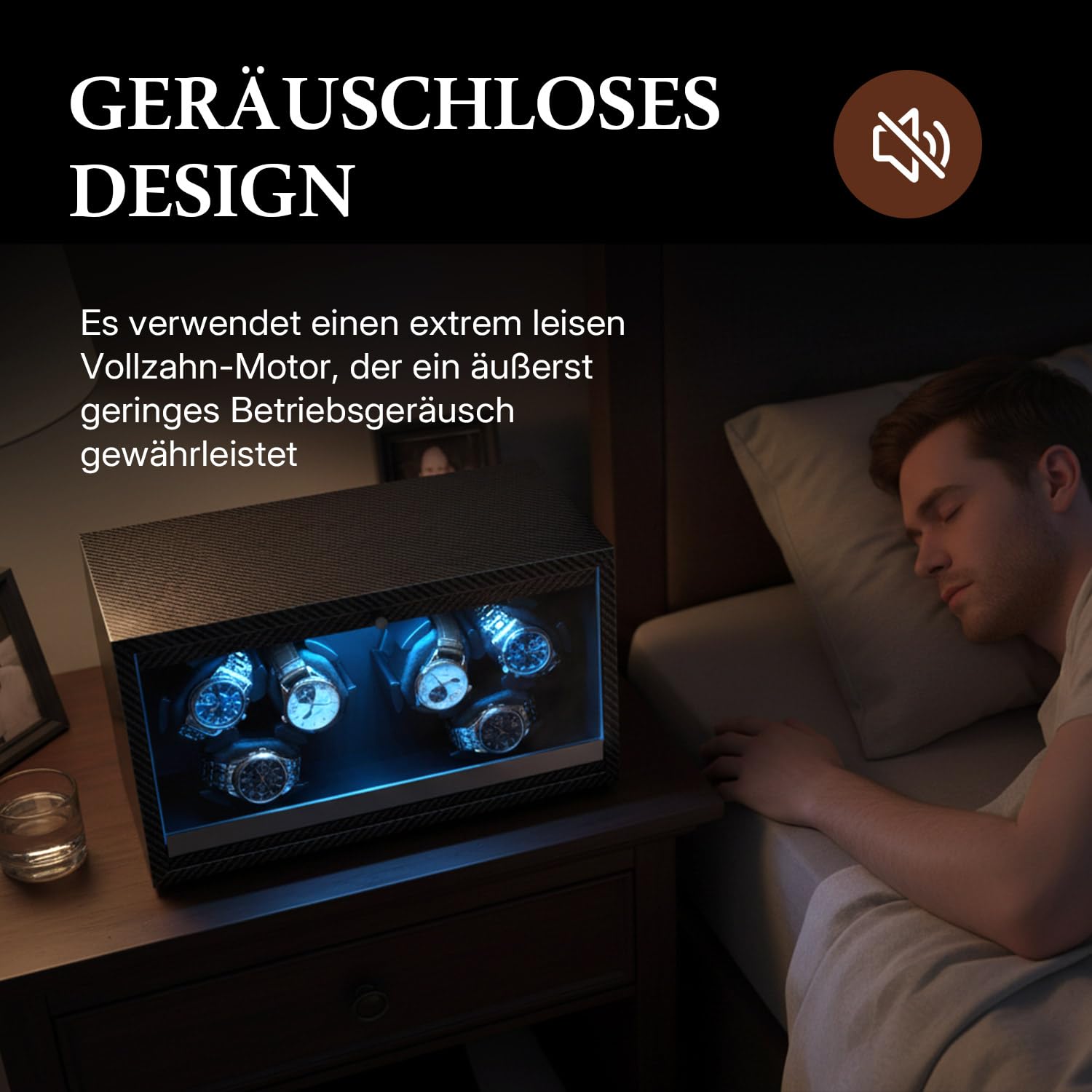 Mcbazel Automatischer Uhrenbeweger für 6 Uhren mit LED-Licht, Ultra-Leiser Motor 4 Rotationsmodi Watch Winder USB DC Betrieben, Geeignet für Uhren bis 45 mm - Carbonfaser-Muster