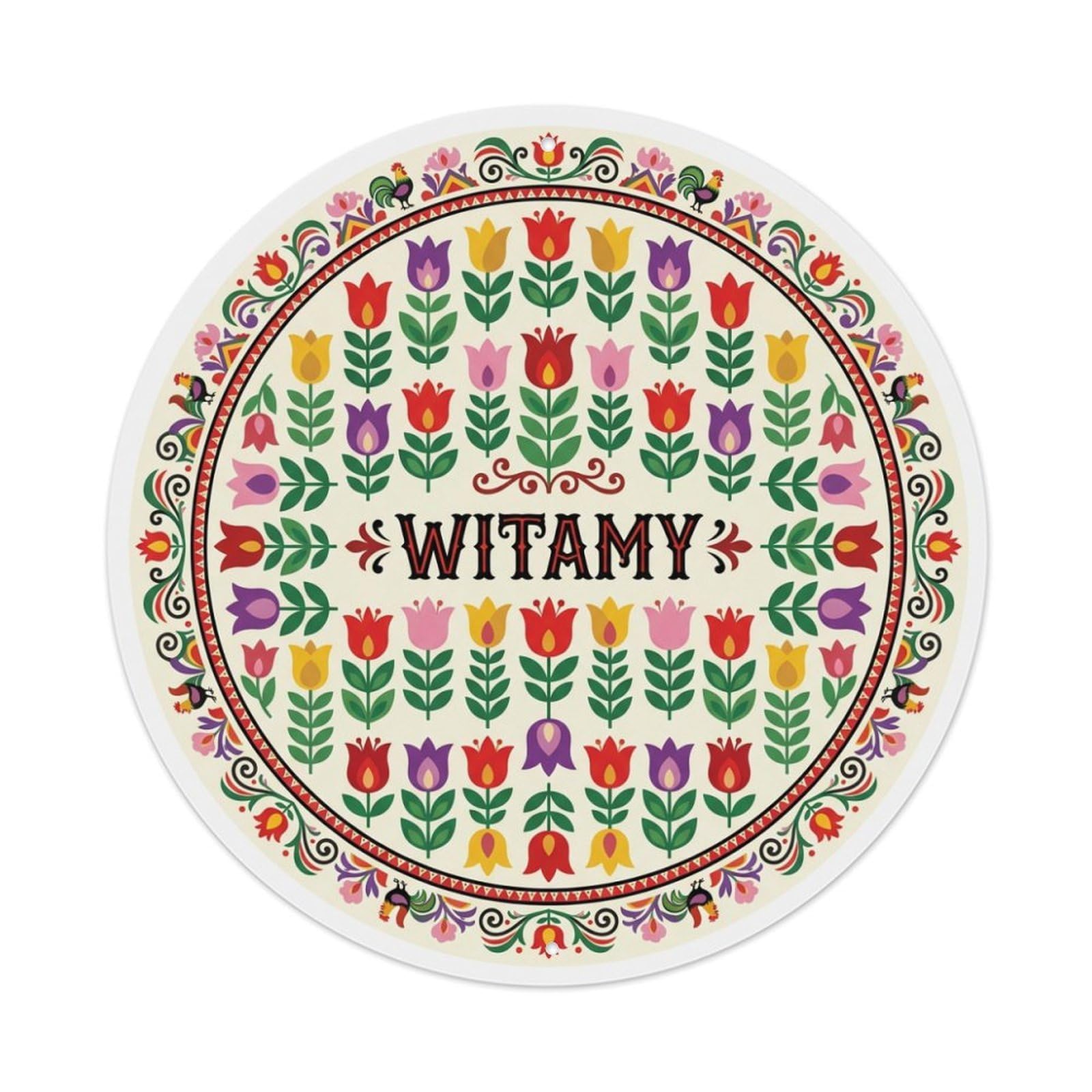 Fyrn Style Metal Tin Sign Vintage Polish Folk Art Witamy Welcome Tulip Field