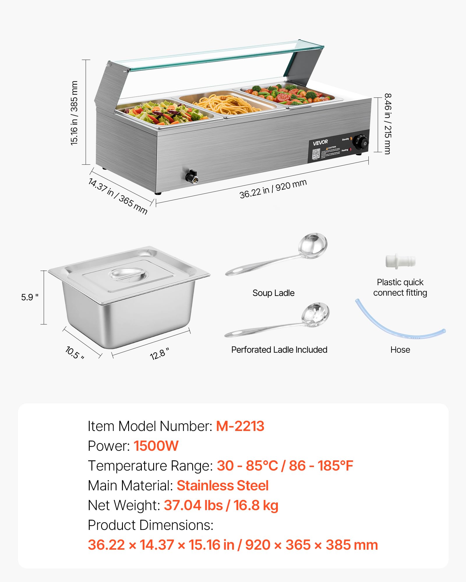 VEVOR Chauffe-Plat Électrique à Vapeur 1500 W, Buffet Chauffant en INOX, Bain-Marie avec 3 Bacs, Couvercle en Verre et Louches à Soupe et Perforées, pour Servir Buffet en Libre-Service Restauration