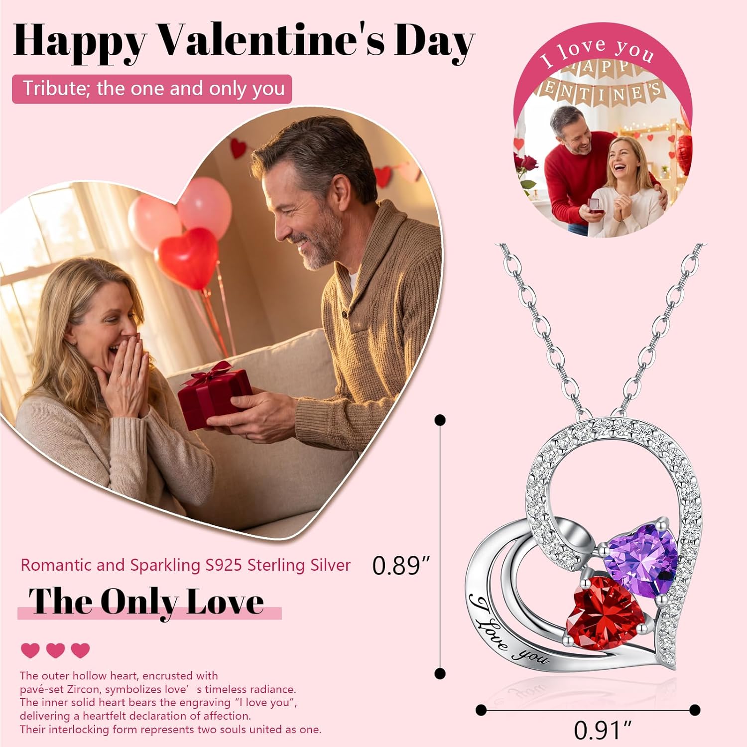 Double Birthstone Heart Necklace 0.8CT Dual-Gemstone S925 Sterling Silver Plated White Gold Engraved I Love You Perfect Anniversary/Valentine's Day Gift for Wife/Girlfriend/Mom/Daughter - Image 3