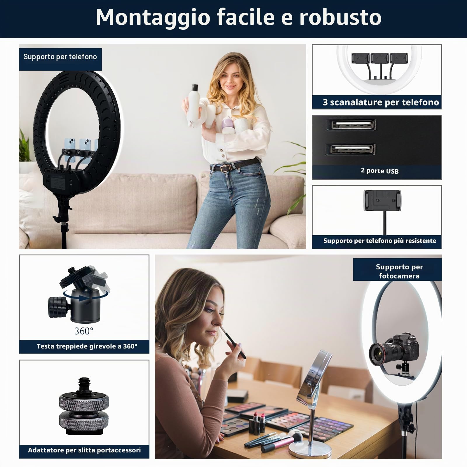 53.34CM/21 pollice Ring Light Telefono CRI 95+, Luce per Selfie 7000LM, 700K-6500K con testa per treppiede DSLR per YouTube TikTok Streaming Trucco Vlog Video Fotografia Zoom Riunione