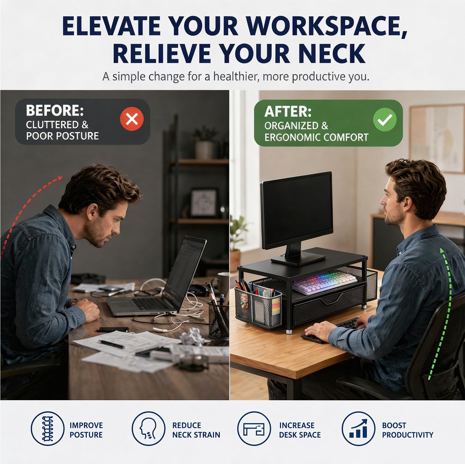 Rialzo per monitor, supporto ergonomico per monitor con cassetto e 2 portapenne, organizer da scrivania per schermo laptop, supporto da scrivania come accessorio da ufficio per postazione di lavoro e