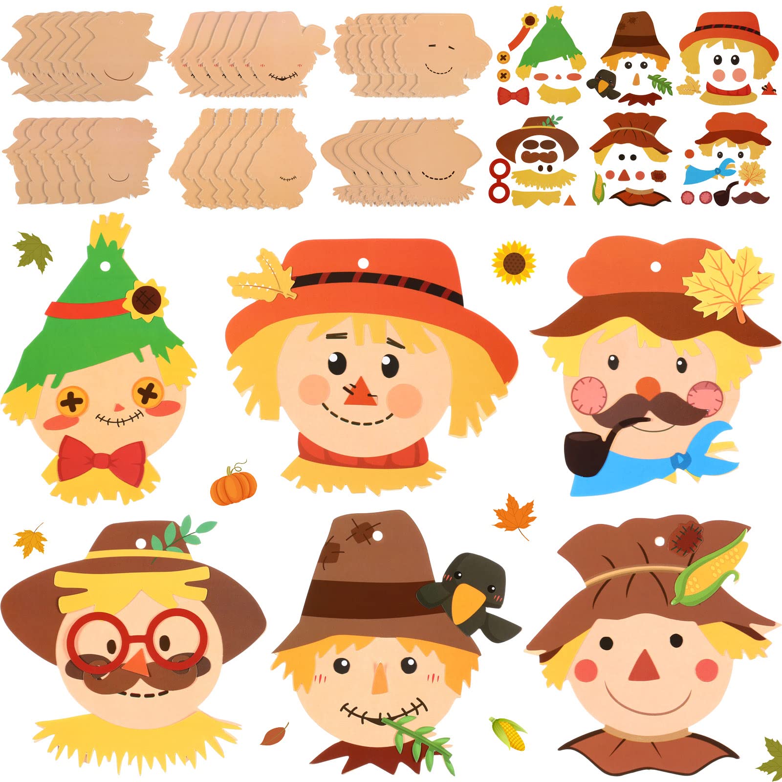 36 Pieces Fall Scarecrow Head Craft Kits Assorted Scarecrow DIY Ornaments for Kids Art Gift Favors Autumn Thanksgiving Project Home Classroom Game Activities