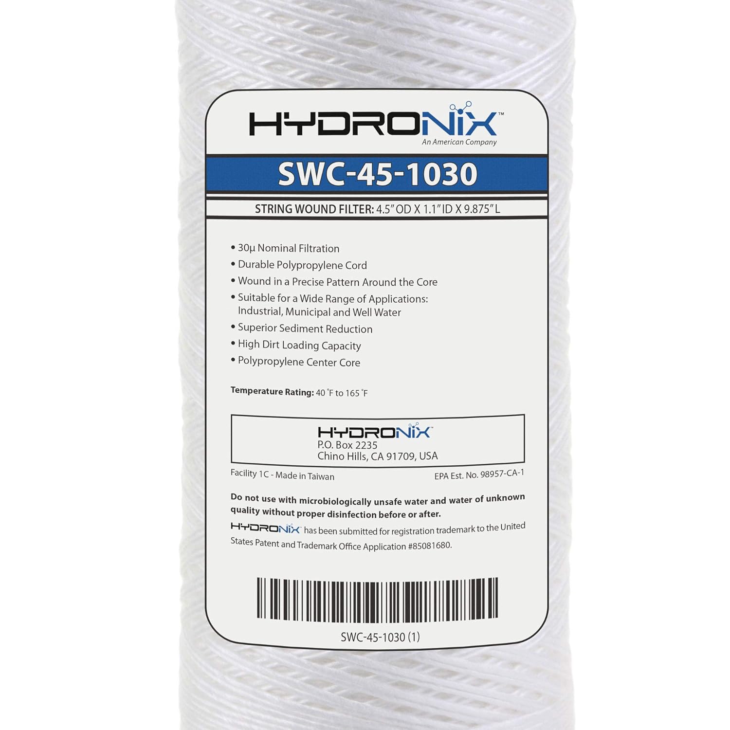 Hydronix SWC-45-1030 Universal Whole House Sediment String Wound Water Filter Cartridge 4.5" x 10" - 30 Micron