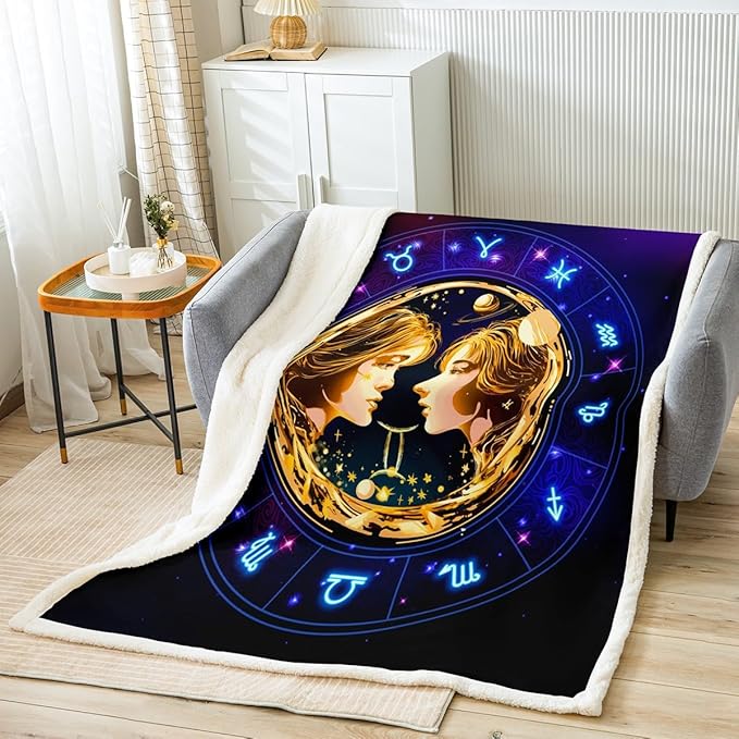 Manfei Gemini Throw Blanket 12 Constellation Bed Blanket for Kids Boys Girls Room Decor, Western Astrology Zodiac Blanket for Couch Sofa, Soft and Breathable Fleece Blanket(60 x 80 Inches)