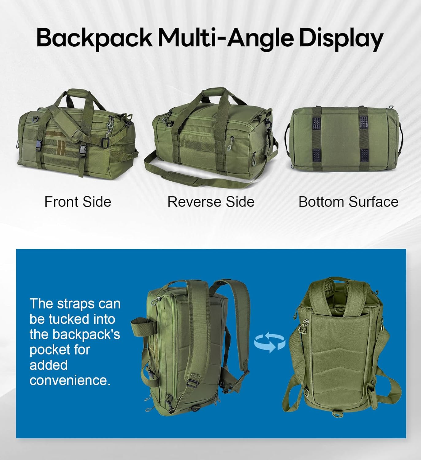 Hannibal Tactical 50L Large Duffle Bag, 3-in-1 Tactical Backpack MOLLE Pack for Sports/Gym/Outdoor, Olive Green