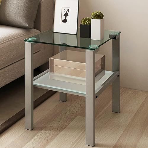 Mesa auxiliar de cristal, mesa auxiliar para sala de estar, mesa de esquina pequeña, vidrio templado transparente y patas de metal gris, 2 capas