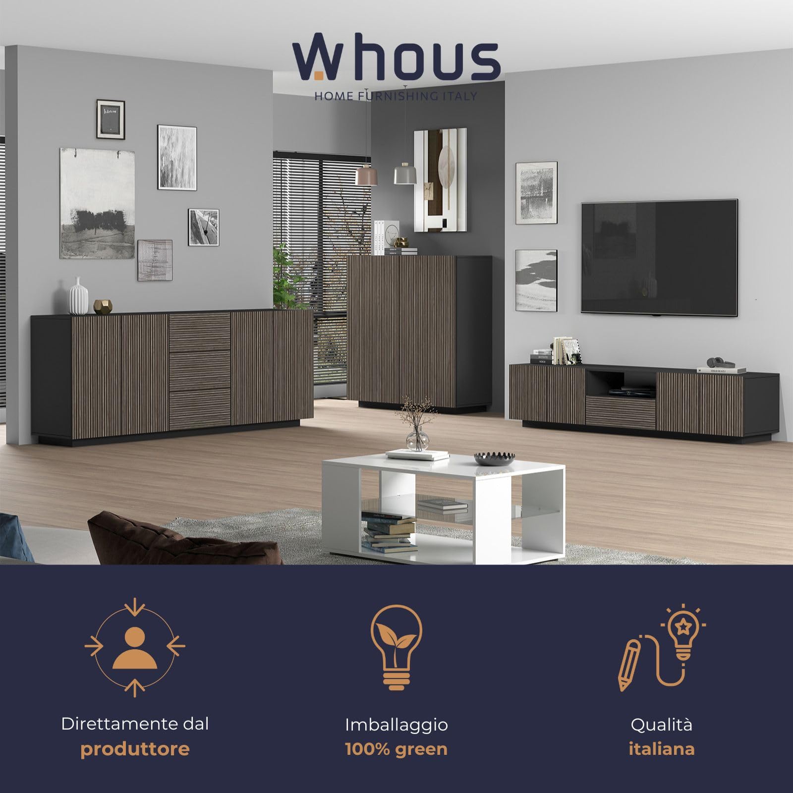 WHOUS Credenza e Buffet COSTE per Soggiorno con 4 Ante e 3 Cassetti, Madia in Stile Canneté per Salotto e Cucina in Legno, 220,1x43x86 cm, Antracite Opaco e Legno Scuro