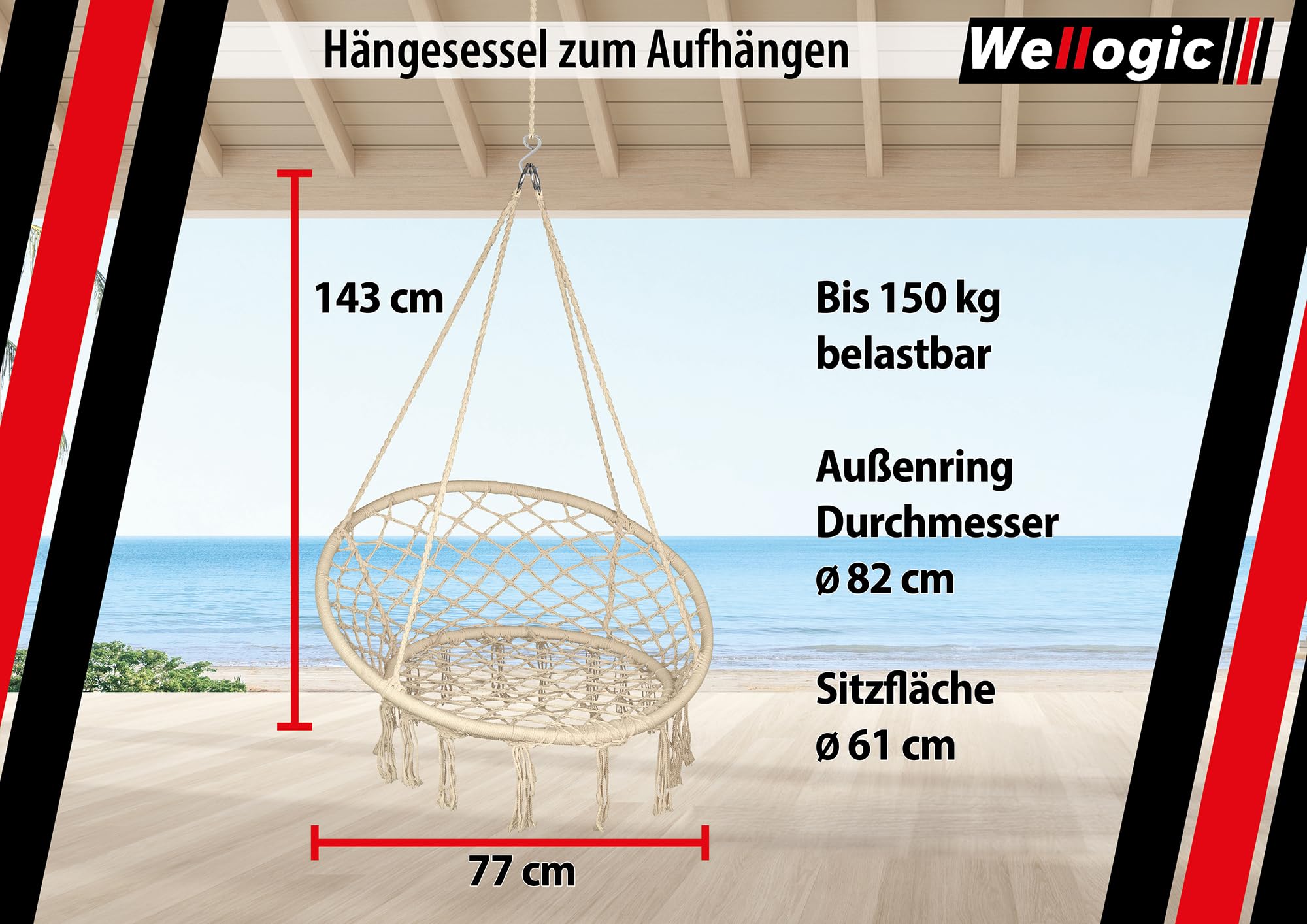 Hängesessel Wetterfest bis 150 kg – Indoor & Outdoor Hängestuhl – Hängeschaukel mit 4-Seil-System & Stahlringen – Hängekorb für Balkon, Garten & Wohnzimmer – Robust & Komfortabel