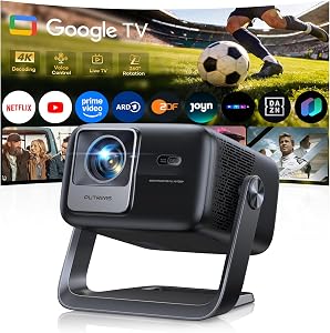 Smart Beamer【Google TV & 30W Lautsprecher】Beamer 4K Heimkino Unterstützt Autofokus/6D Trapezkorrektur, HDR10, WiFi Bluetooth FULL HD 1080P LED Projector 360° Drehständer Outdoor Projektor 4K für HDMI