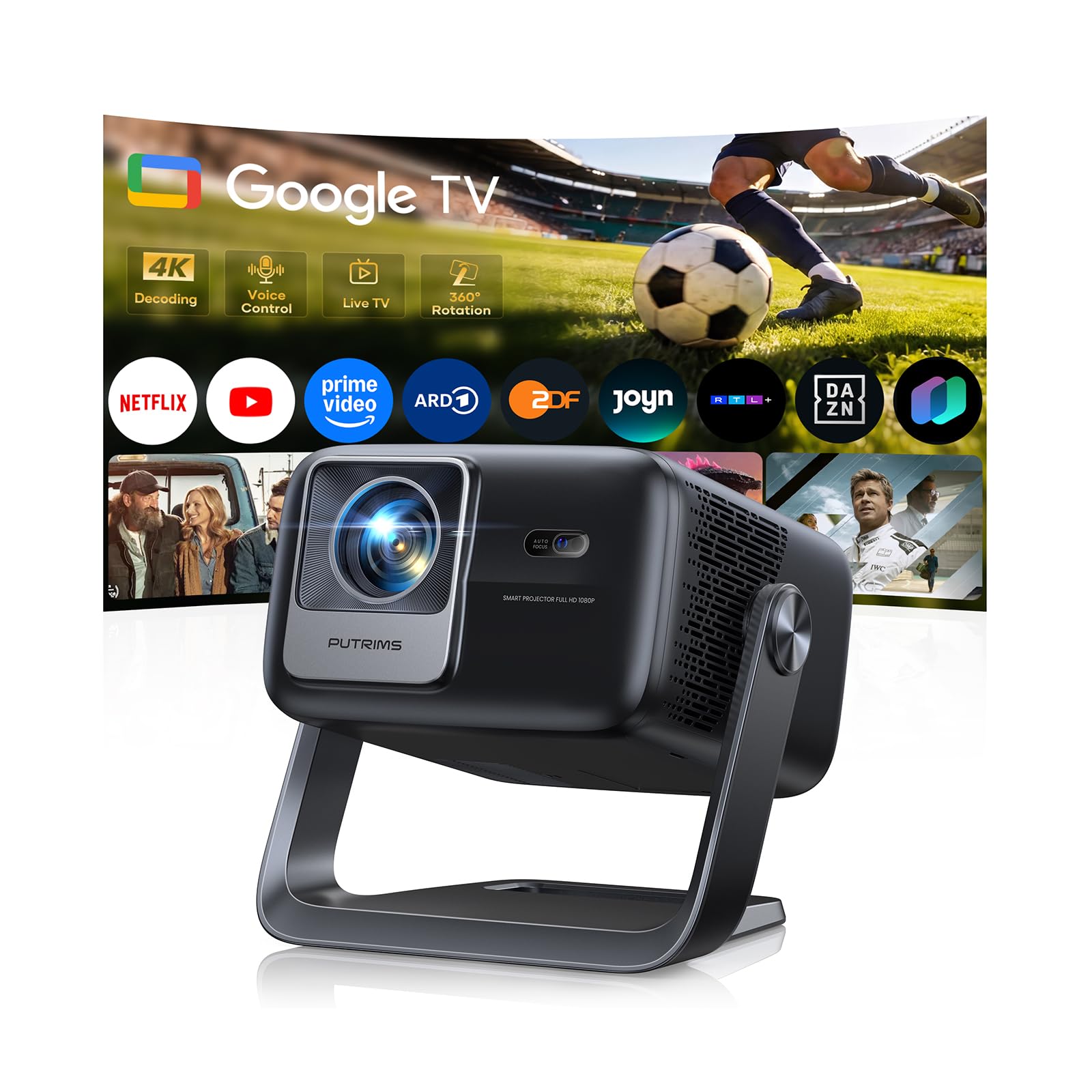 Smart Beamer【Google TV & 30W Lautsprecher】Beamer 4K Heimkino Unterstützt Autofokus/6D Trapezkorrektur, HDR10, WiFi Bluetooth FULL HD 1080P LED Projector 360° Drehständer Outdoor Projektor 4K für HDMI