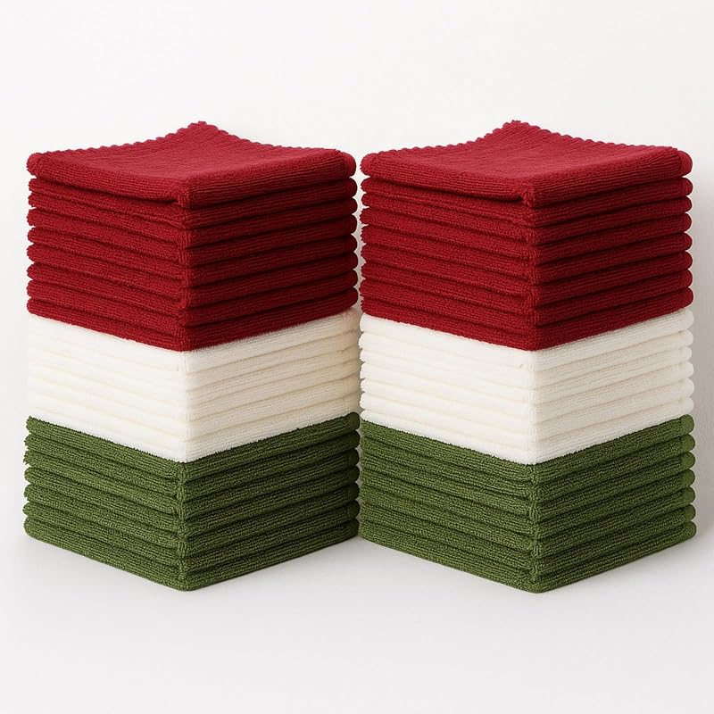 Newwiee Panos de rosto de viscose, 35 x 35 cm, verde, vermelho e branco, pacote com 40