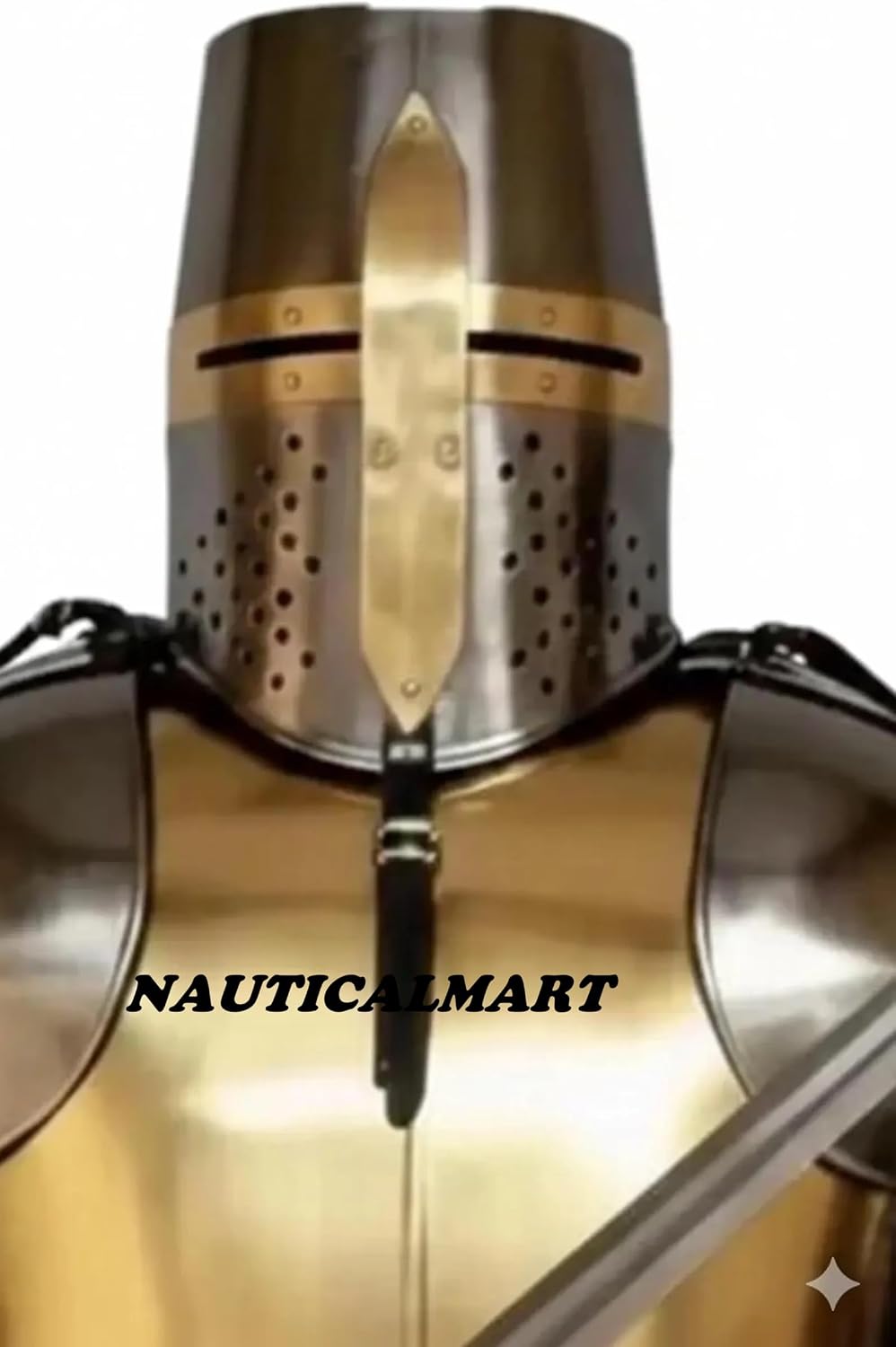 Medieval Templar Knight Full Plate Armor Set- Handmade 18 Gauge Steel Wearable Helmet, Breastplate & Backplate, Shield, Suit of Armour, Brass Finish for Halloween & LARP, Costume