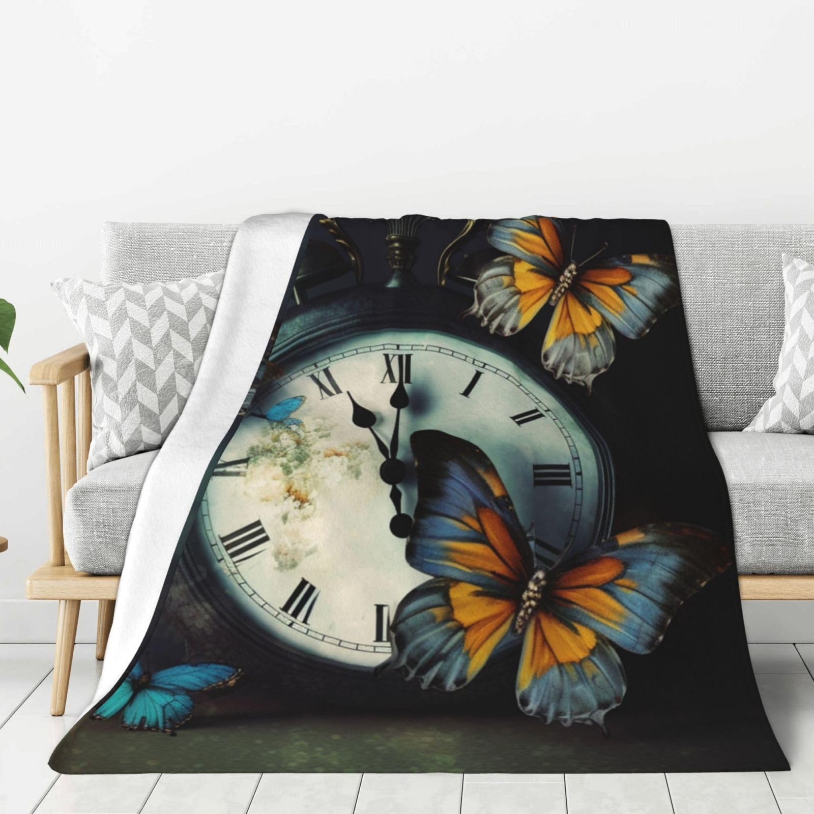 Plaid de canapé en peluche chaude horloge et papillon, parfait pour vos soirées cocooning