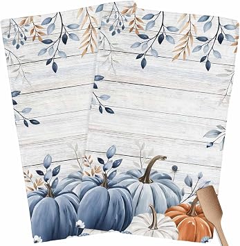 Fall Kitchen Towels Orange Blue Pumpkin Thanksgiving Hand Towels Autumn Leaves Dish Towel Cleaning Cloth Soft Absorbent Quick Drying 2 Pack Dish Cloths for Kitchen, Bathroom Autumn Decoration