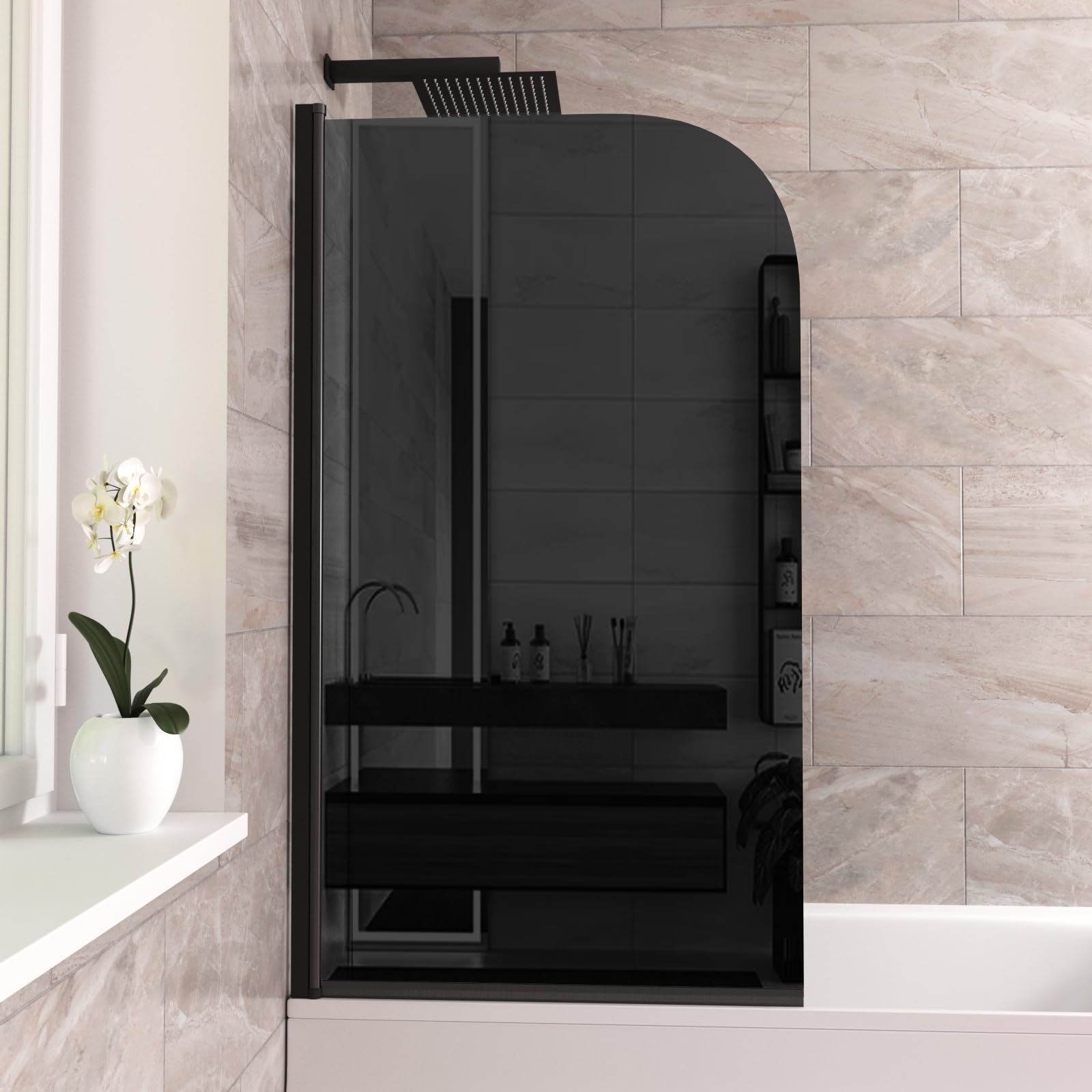 Denver 800 Curved Bath Screen Matt Black Profile with Glass Reversible