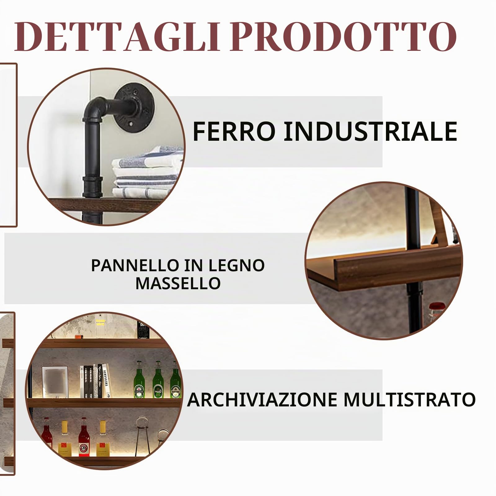 Portabottiglie da Parete in legno Massello, Grande Espositore per Bottiglie di Vino in Industriale Vetrinetta da Bar Con Luce LED,Scaffale Galleggiante Per Cucina, Bar, Caffetteria (80cm)