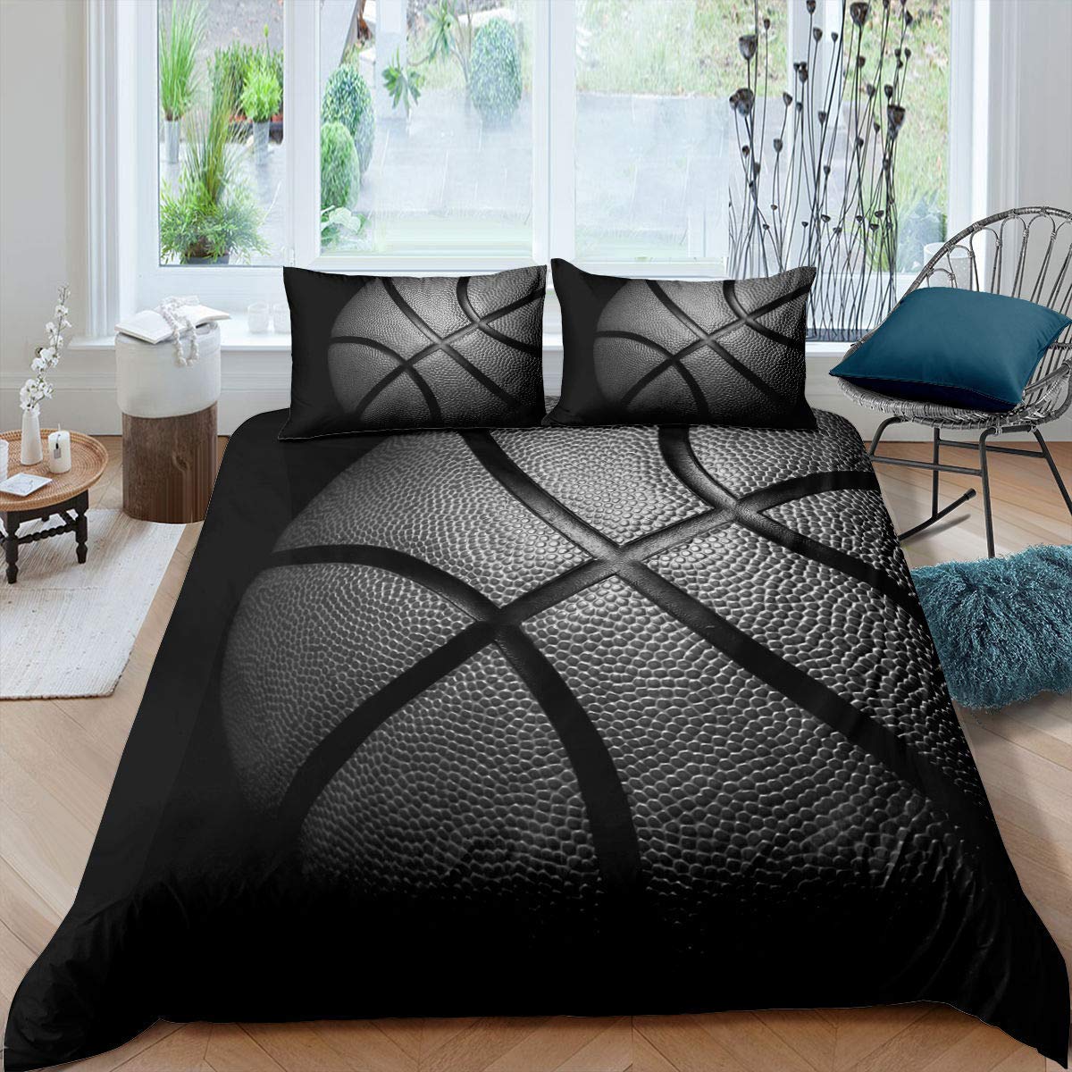 Tbrand Funda de edredón Baloncesto Negro King 3D Colecciones Deportivas Funda de edredón para niños,Ultra Suave,3 Piezas,Cool Boys Young Comforter Cover Sets (1 2 Fundas de Almohada