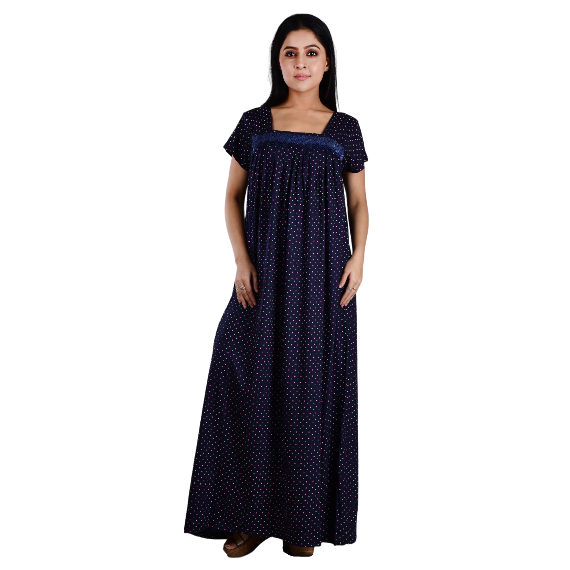 Hoisery Cotton Dark Blue Polka Dot Nighty (M-38)-image-18
