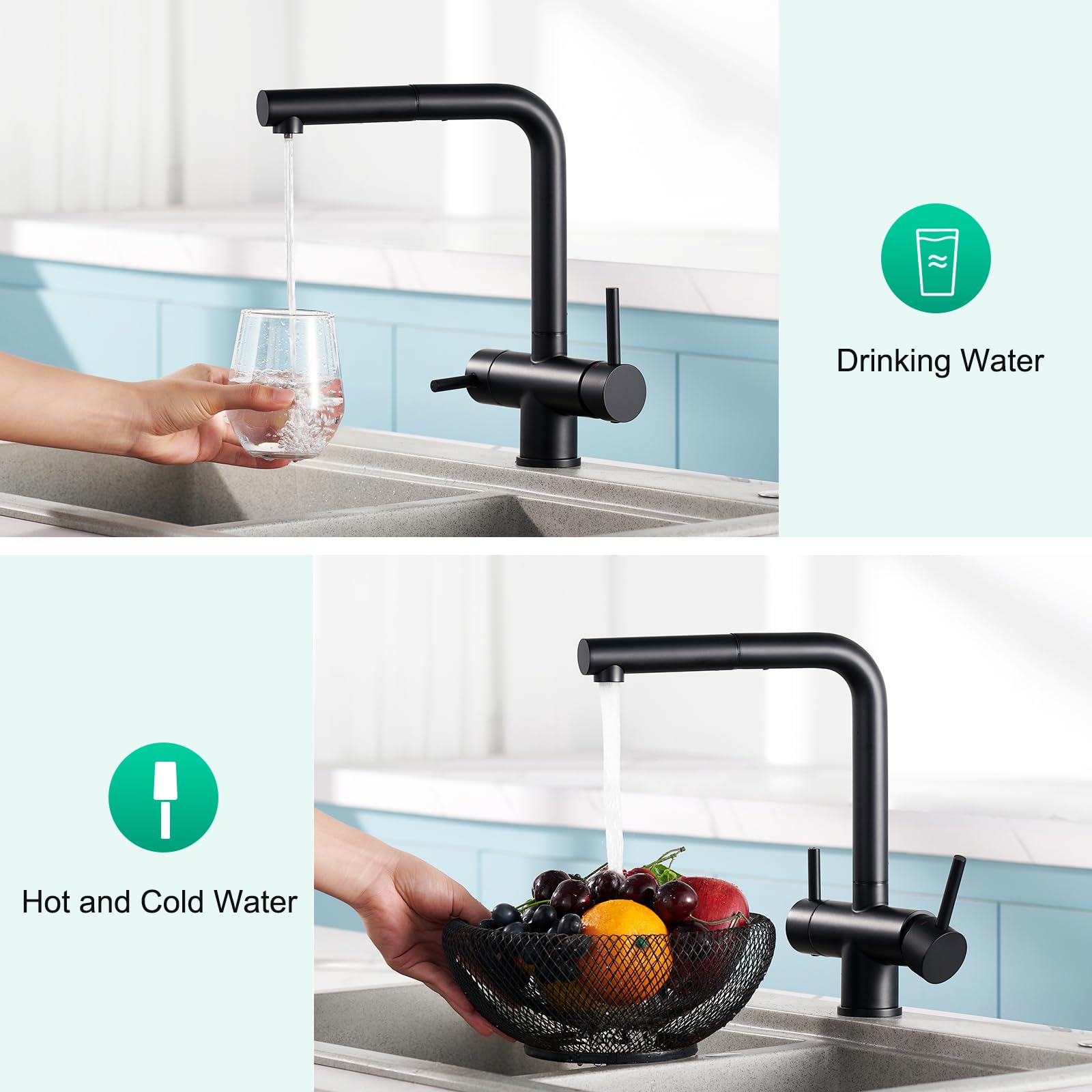 CREA 3 Wege Wasserhahn Küche mit Brause, 360° Drehbar Küchenarmatur, Drei Wege Mischbatterie, Trinkwasserhahn mit 2 Hebel, 3 in 1 Spültischarmatur, Matt Schwarz