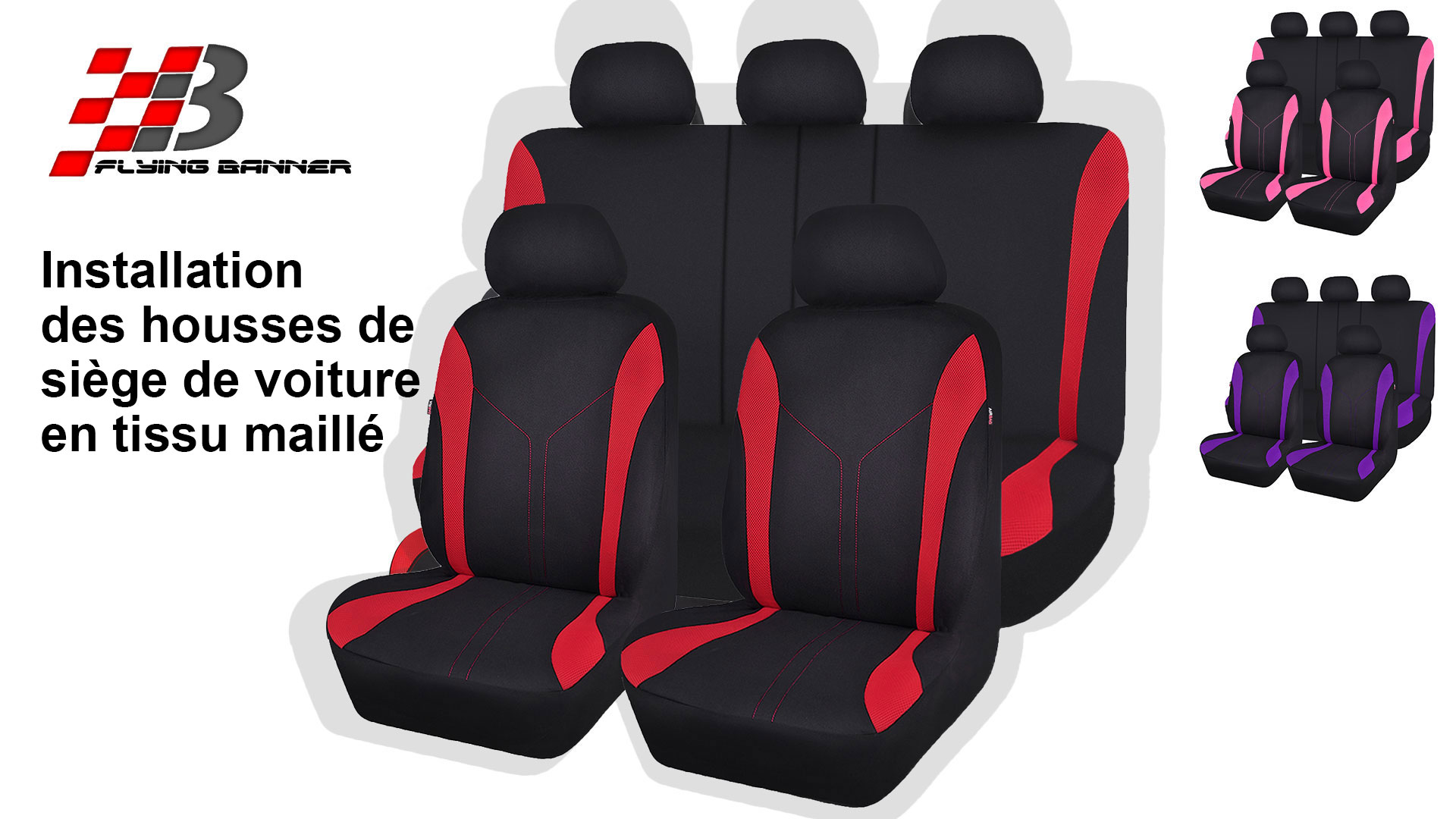 Housses De Siège Voiture Flying Banner Maille - Ensemble Complet Noir Et Rouge, Compatible Airbags