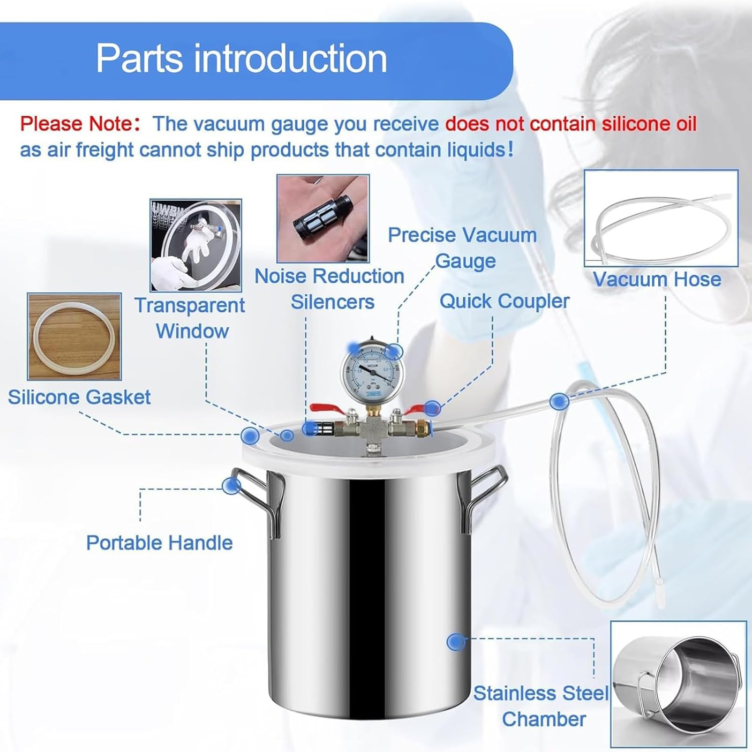 Lab Vacuum Chamber, Stainless Steel Degassing Chamber, with Acrylic Cover and Vacuum Gauge, Silencer, for Wood Stabilization, Degassing Silica Gel, Gypsum