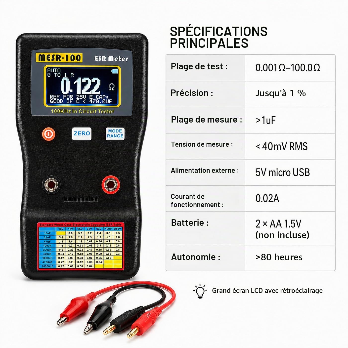 Mesr-100 ESR Testeur À Affichage Numérique, Multimètre À Gamme Automatique 0,001R À 100R Circuit ESR Testeur de Résistance/Capacité Ohmmètre, pour La Réparation Des Cartes Tv/Lcd/Audio