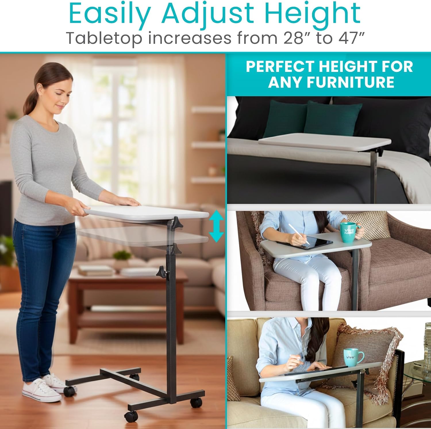 Vive Overbed Hospital Bed Table for Home Use - Adjustable Swivel Wheels & Tray for Over Bed - for Medical Bedside Chair - Adjustable Height, Tilt Top for Reading, Laptop, Bedridden, Elderly, Seniors