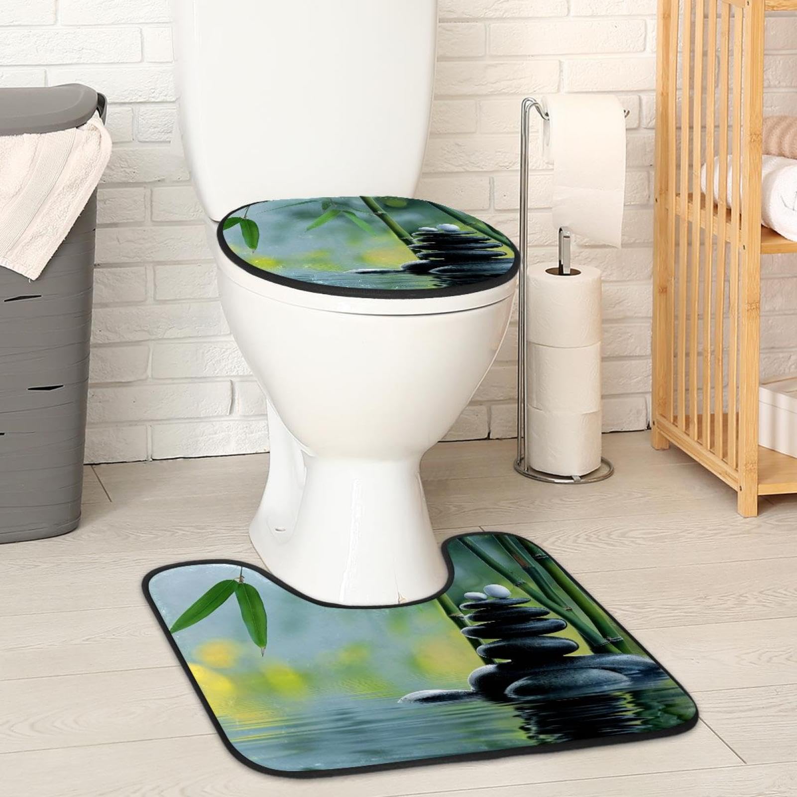 MUOOUM Toilet Lid Cover and U-Shaped Toilet Floor Mat Set of 2 Pieces, Zen Stones Bamboo Toilet Mat Set, Machine Washable Seat Covers Non-Slip Absorbent Rugs