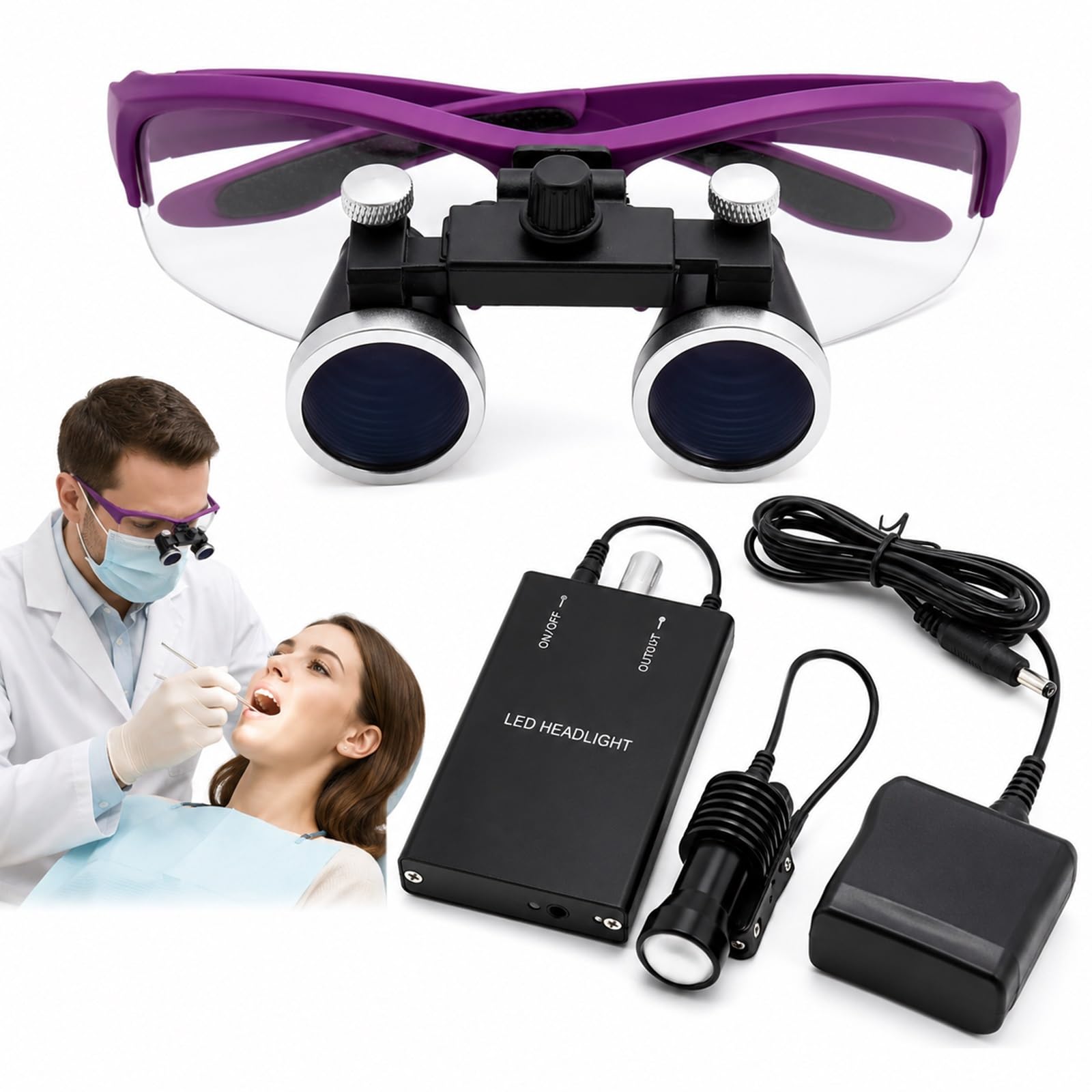 Loupes dentaires 2.5x avec éclairage LED et lunettes ultra-légères violettes