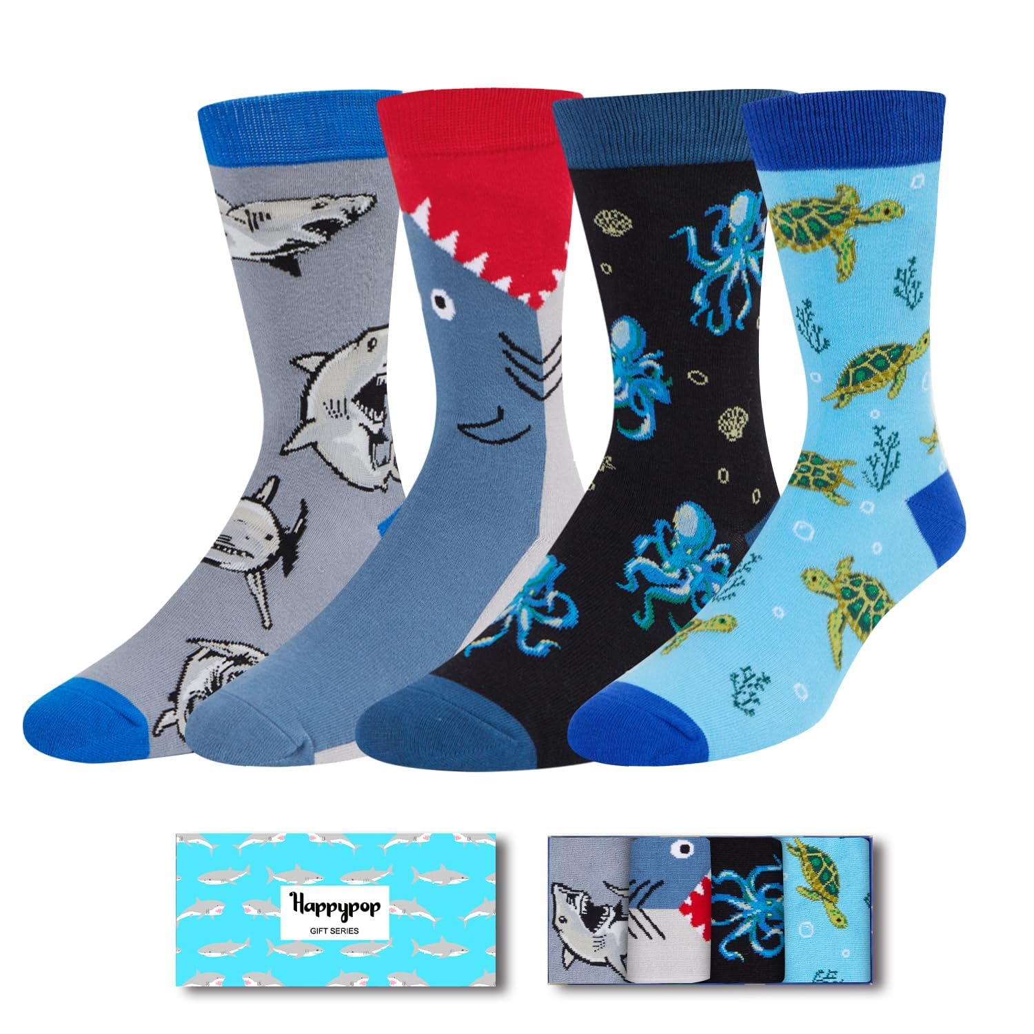 Shark Gifts for Boys - Silly Shark Socks 4 Pack, Ocean Socks for Kids 4-18 Years