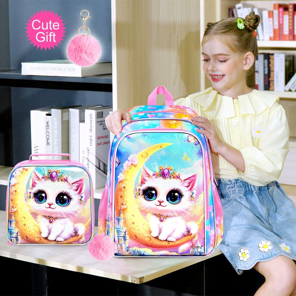 UFNDC 3PCS Girls Cat Bookbag Set, 16" Moon Backpack with Lunch Box, Water Resistant School Bag for Elementary Preschool