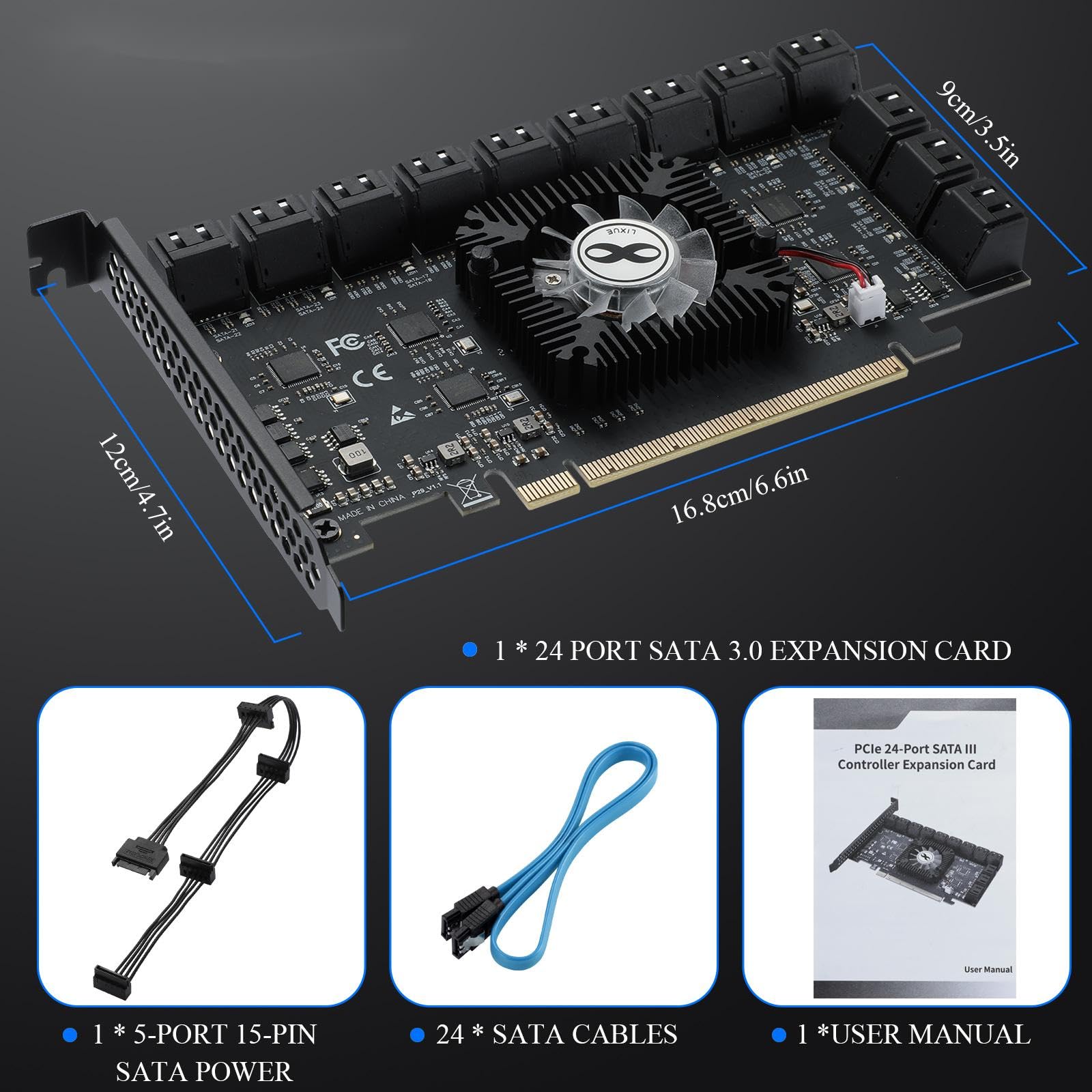 Controlador SATA Gen III de 24 Puertos a 6 Gbps Tarjeta de Expansión PCI-E 16X a SATA 3.0 Compatible con WIN11 / WIN10 / WIN8/ Linux 2.6X