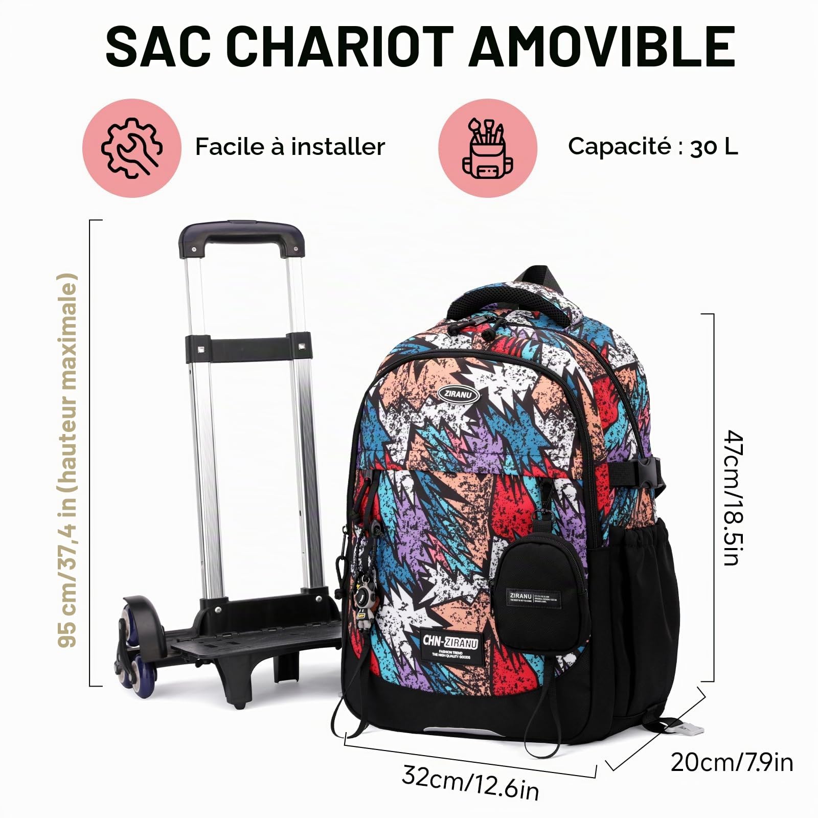 Amythe Sac à Dos à roulettes Garçons Collège, Cartable Scolaire à Chariot Détachable pour Garçons, Poche Ordinateur 15.6", 6 Roues pour L'école, Voyages et Loisirs