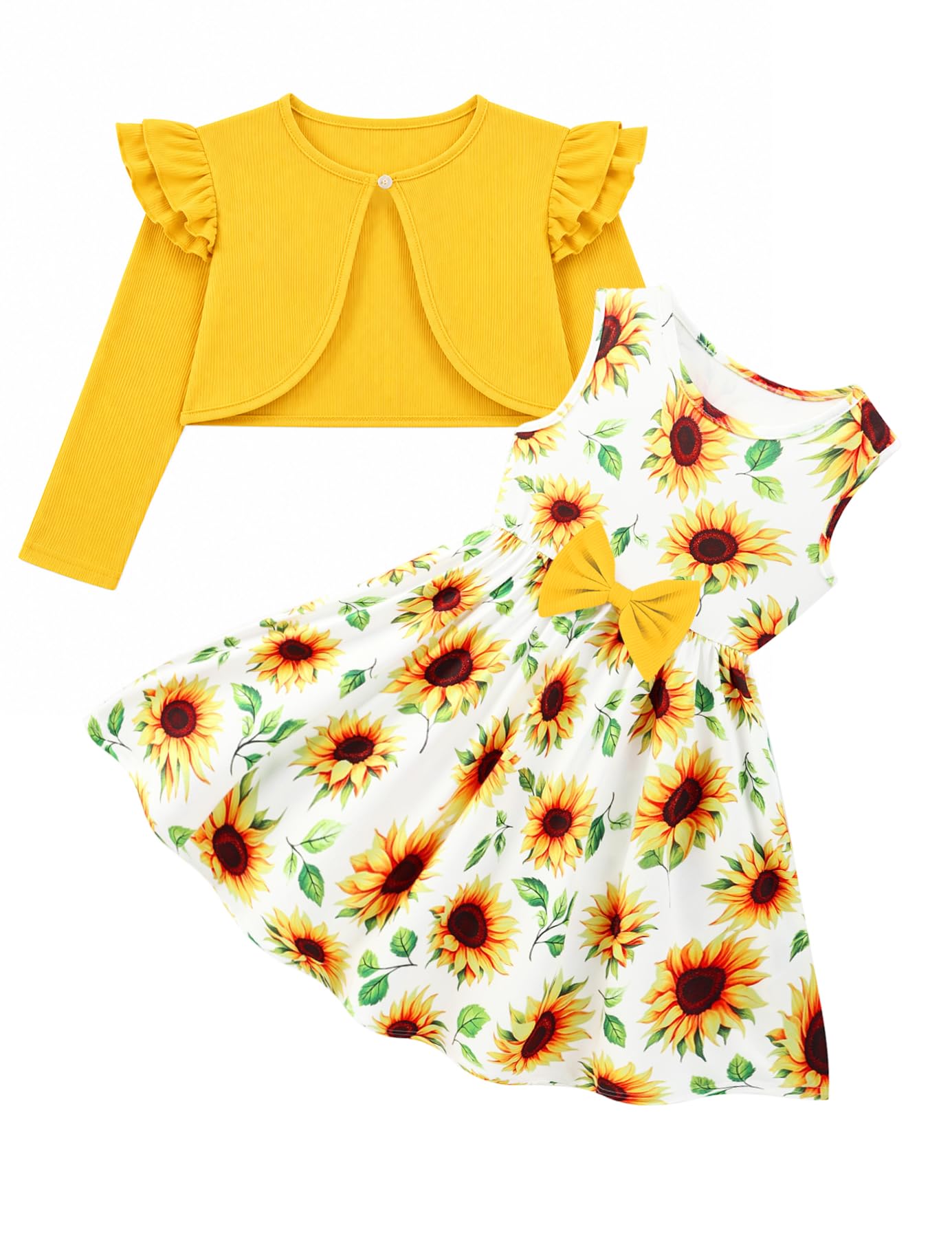 Enlifety Vestido para niña pequeña con cárdigan, conjunto casual de 2 piezas talla 2-6T | set de vestido con mangas de volantes, detalle de moño y cárdigan suave a juego para cumpleaños, sesiones de fotos, escuela, iglesia, fiestas y temporada navideña