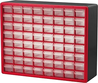 10164 64-Drawer Plastic Drawer Storage Cabinet for Garage Organization, Lego Storage, Teacher Toolbox, Makeup Organizer, and More, 50.8 cm W x 15.24 cm D x 40.64 cm H, Red