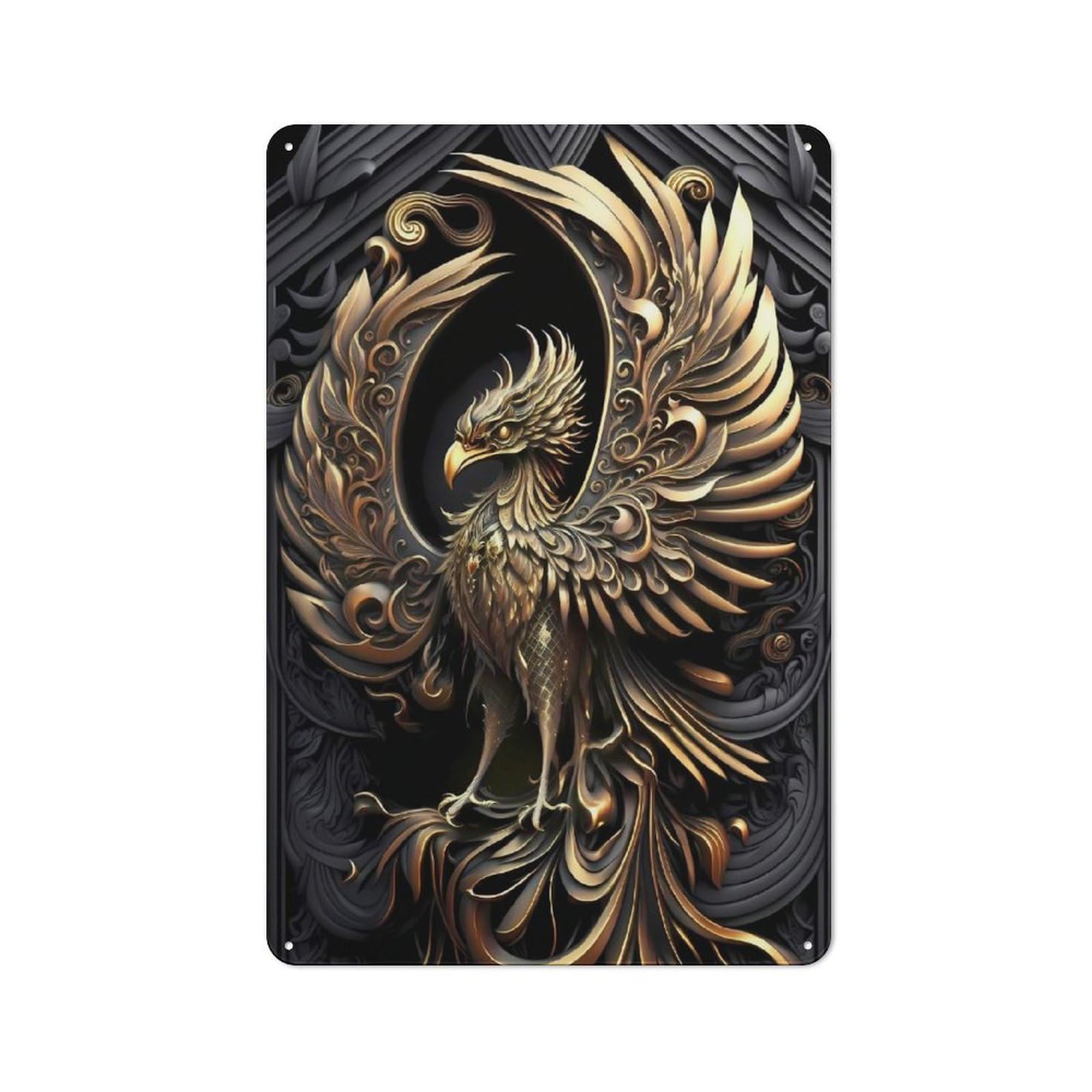 Junmoney Style-1 30X20cm Retro Metal Sign With Golden Phoenix Wings For Home Office Or Studio, Suited To Wall Displays In Home Offices And Studios