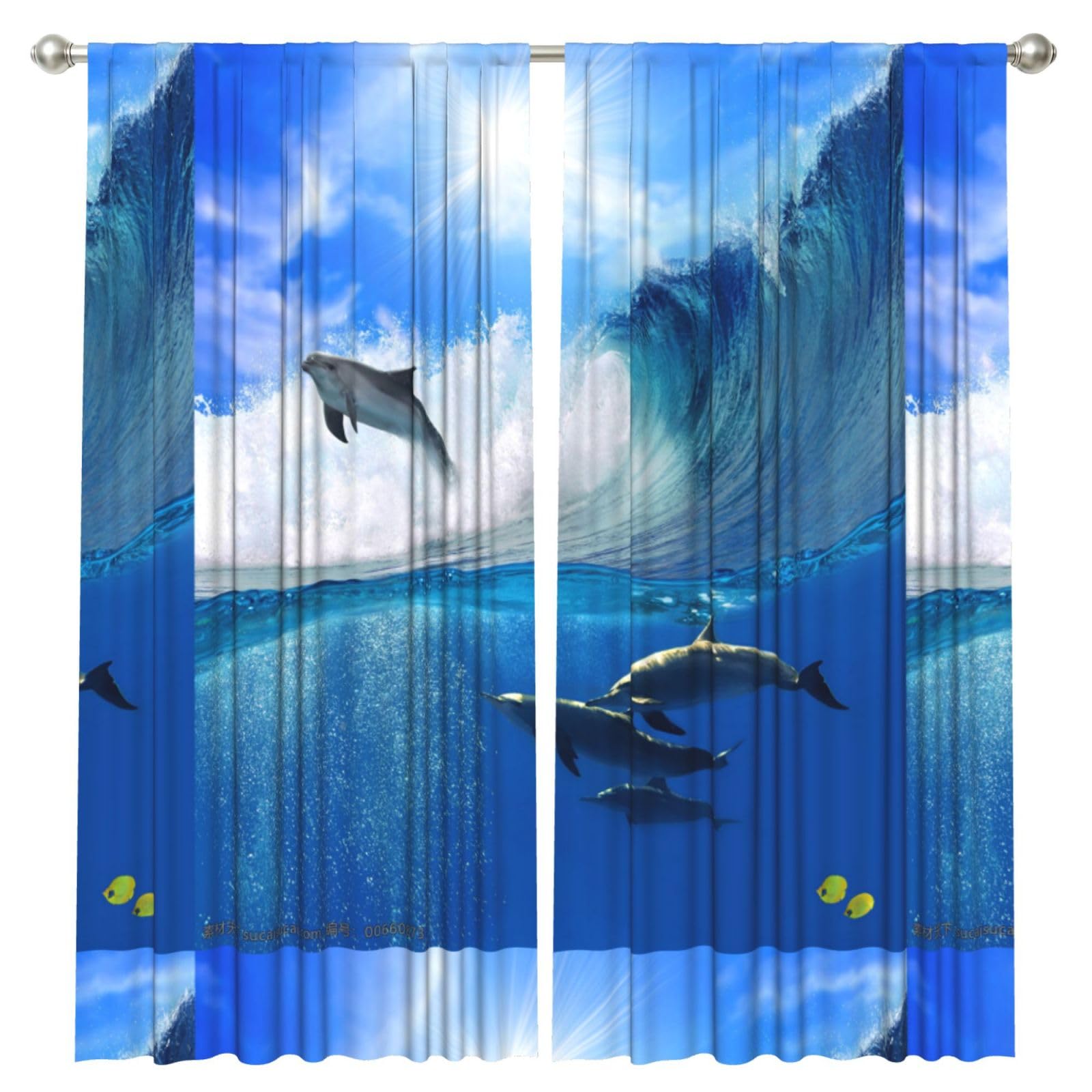 InOmak Four Dolphins In The Sea Of Whales, 2 Panels Window Curtains 52 x 84 Inch Blackout Curtains for Living Room Bedroom