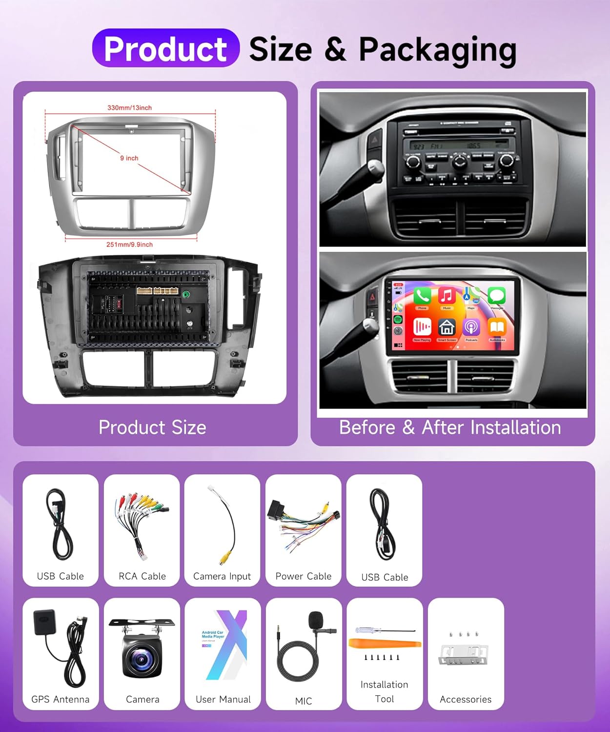8 Core 6G+128G Android 15 Car Stereo Radio for Honda Pilot 2006 2007 2008, Rimoody Wireless Carplay Android Auto 9 Inch Touchscreen GPS 5G-WiFi Bluetooth FM DSP-36 59-UI Themes Backup Camera