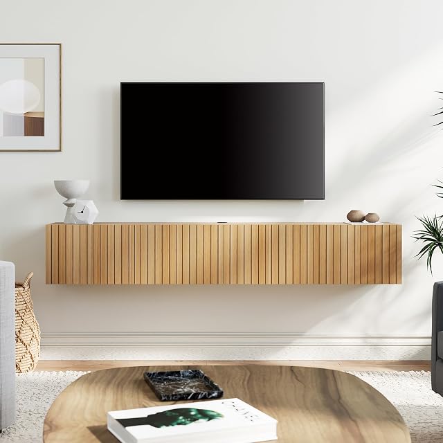 WAMPAT Grand moderne flottant TV Tablette, Centre de divertissement multimédia mural avec 4 Portes pour téléviseurs jusqu'à 80", Bois TV Armoire de rangement pour salon & Chambre, Chêne