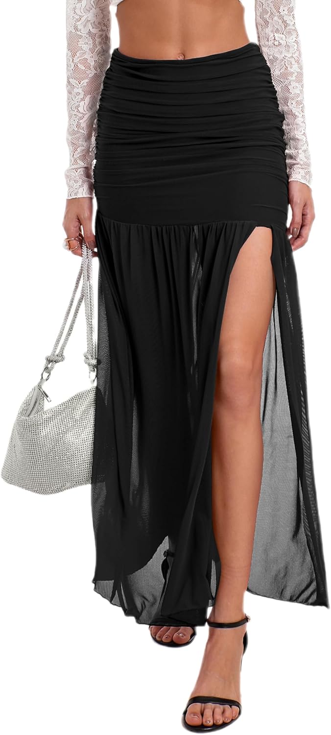 Women's Sexy Side Ruched Mesh Maxi Skirt Flowy Pleated Slit Hem Bodycon Long Skirts