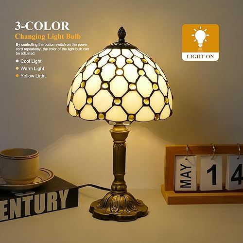 Miniatura 2 de VirtueKing Lámpara de mesa estilo Tiffany, con cuentas beige, vintage, para mesita de noche, lámparas de escritorio, lámpara pequeña de 14 pulgadas
