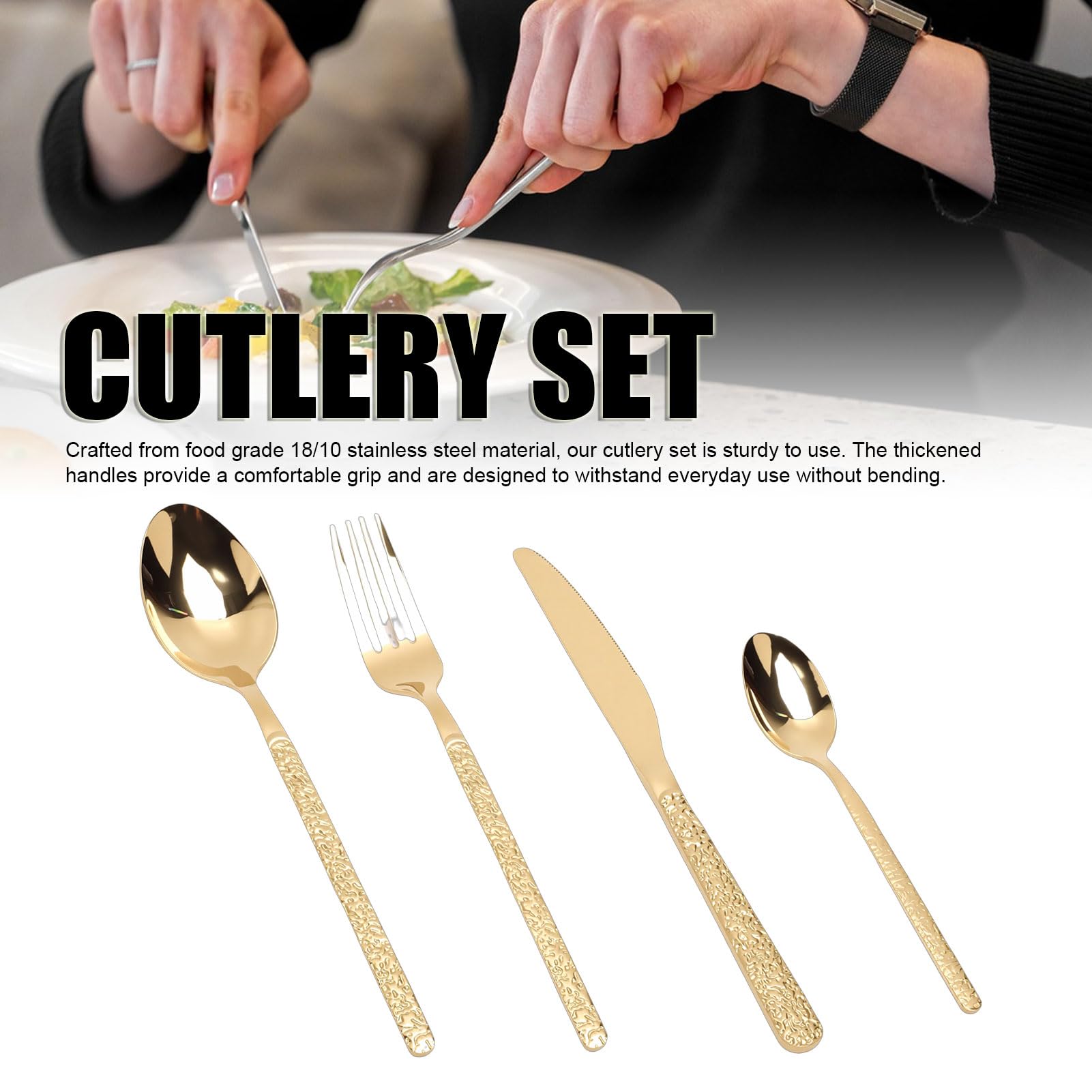 Fdit Juego de Cubiertos para 6 Personas, Juego de Cubiertos de Acero Inoxidable 18/10, de de Cena Pulidos de 24 Piezas para Bodas, Restaurantes, Uso en el Hogar de (Patrón De Piedra Oro)