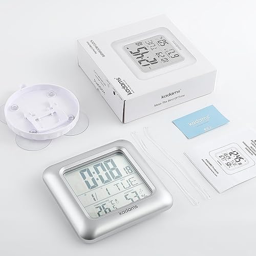 Vista 8 de KADAMS Reloj de pared de cocina de 9.5 pulgadas con pantalla LCD grande, reloj de ducha con ventosa, temperatura, humedad, calendario, resistente al