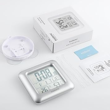 KADAMS Bathroom Digital Clock with Large LCD Screen - Shower Wall Clock with Timer Water Resistant Temperature & Humidity Display Calendar Display 4 Mounting Options,Silver