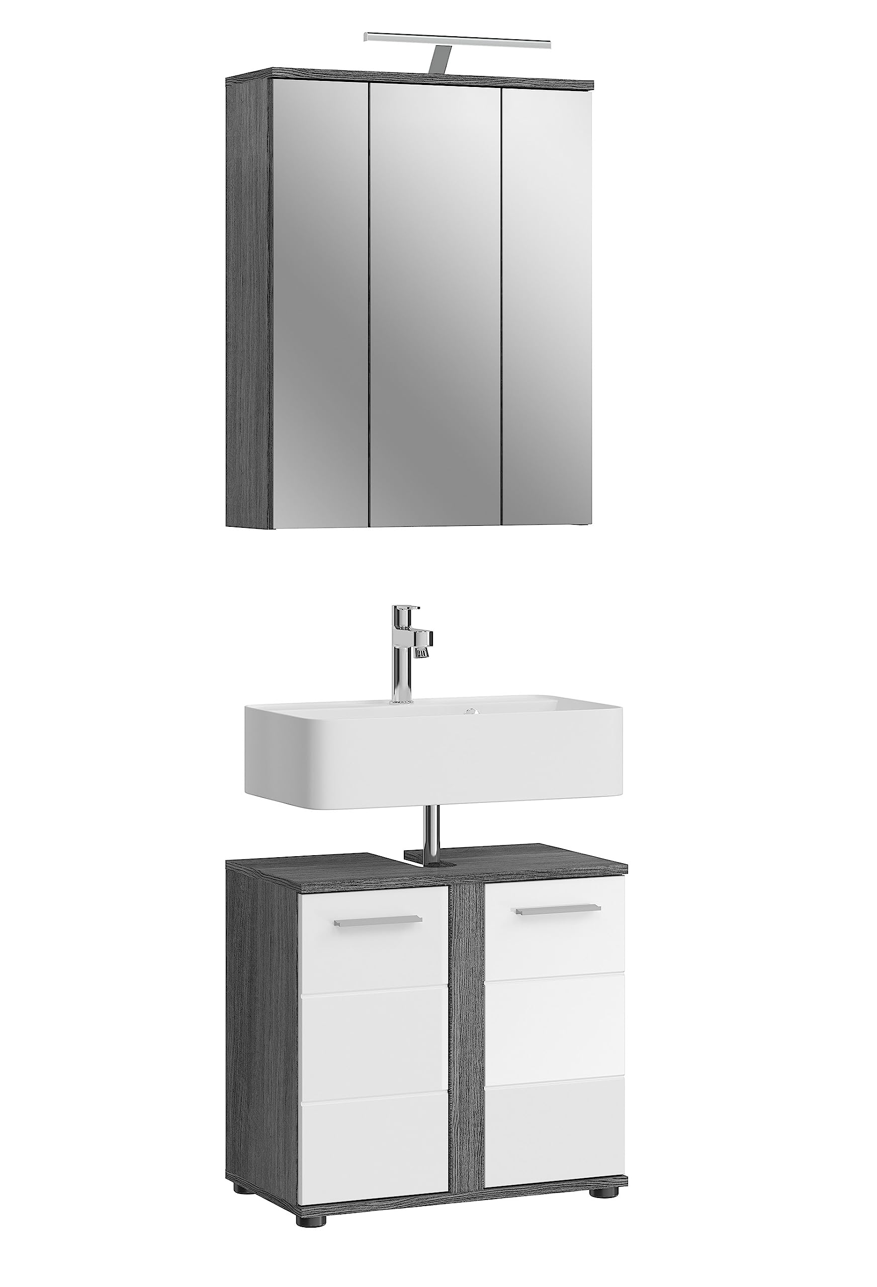 Badezimmer Blake – Badmöbel-Set in Weiß Hochglanz mit rauchsilber Nachbildung, inkl. Beleuchtung (xonox.home)