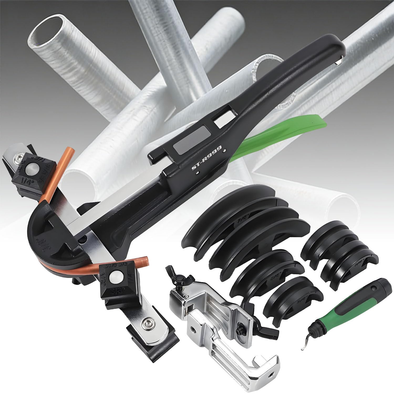 JXYQ Tubing Bender Kit with Reverse Bend for 1/4" to 7/8" Pipes, 7 Dies, Ratchet Copper Tube Bender, 90° Bend for AC Refrigerator Repair