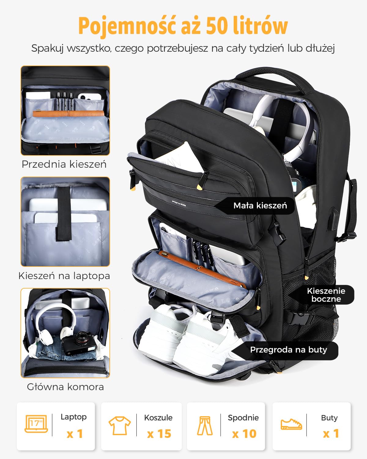 Ponhog Plecak Podróżny dla Mężczyzn, 50L Bagaż Podręczny z Portem USB Wodoodporny, Travel Backpack na Komputer 17,3 Cala, Czarny