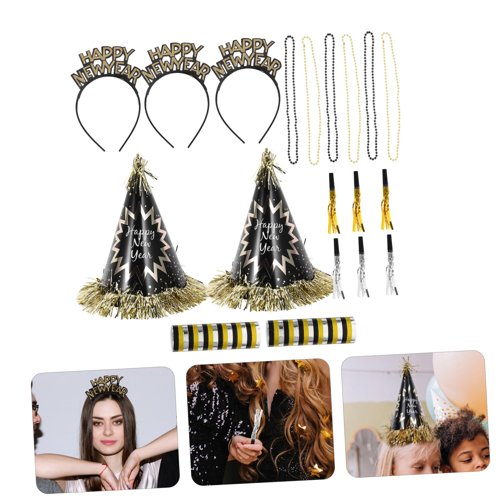 Neujahrs-partyset Beutel mit Schwarzen und Goldfarbenen Partyhüten Krachmachern Perlenketten und Stirnbändern Sichere Materialien Festliche Silvester-deko für Familien und Freunde