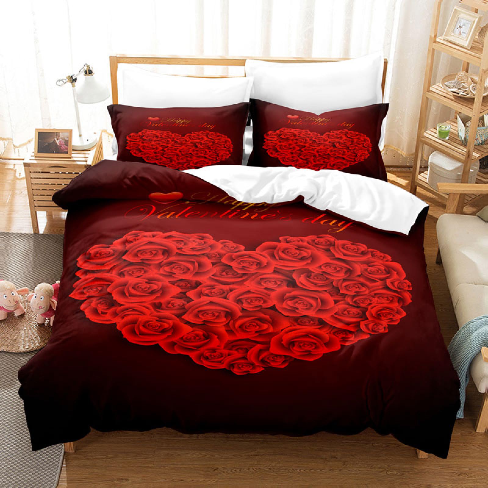 Housse de Couette 240x260 Coeur Rouge et Rose en Microfibre Douce avec 2 Taies d'Oreillers